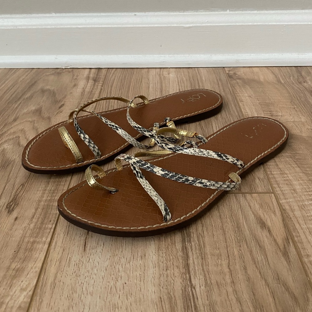 Ann Taylor LOFT Black and White Snake Print Gold Toe Ring Sandals